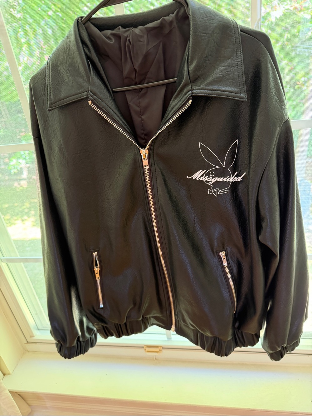 PLAYBOY Black Faux Leather Zip Front Jacket with Embroidered Bunny